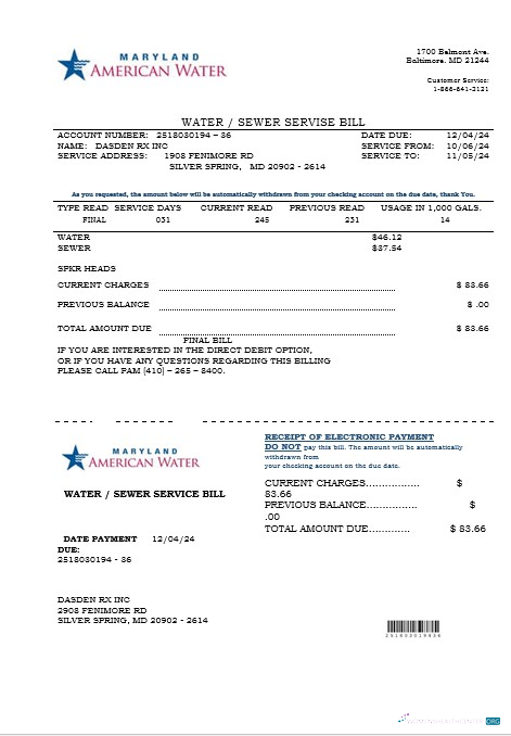 USA Maryland American water business utility bill template in Word and PDF formats